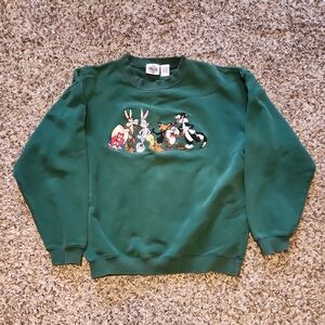 Warner Bros. Green Crewneck Sweater with Looney Tunes Characters